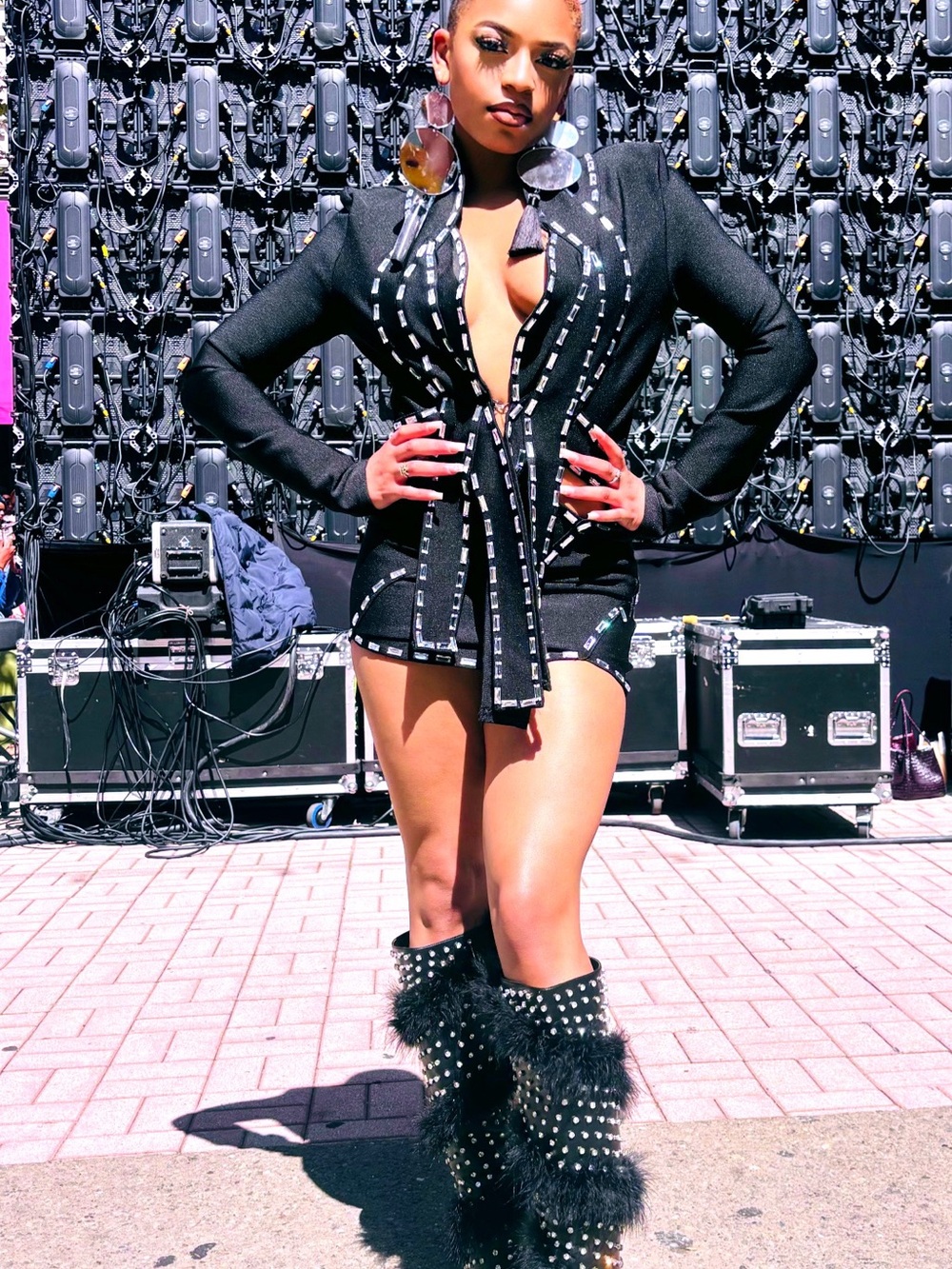 Black Studded Mini Dress with Contrast Stitching
